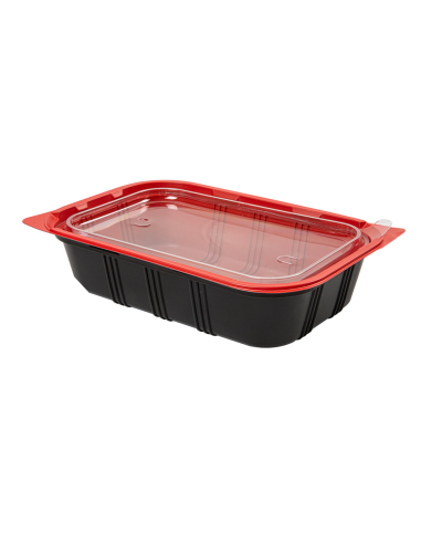 Vue rapprochée de la boîte en plastique noire avec intérieurs rouges