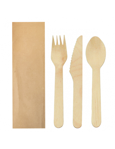 Set fourchette, couteau et cuillère "Makan" sous sachet Kraft - 16 cm