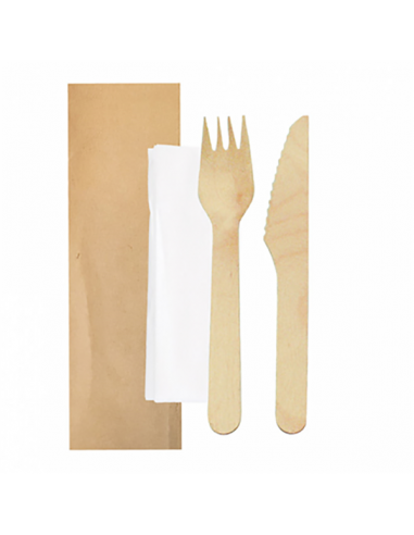 Set fourchette, couteau et serviette "Makan" sous sachet Kraft - 16 cm